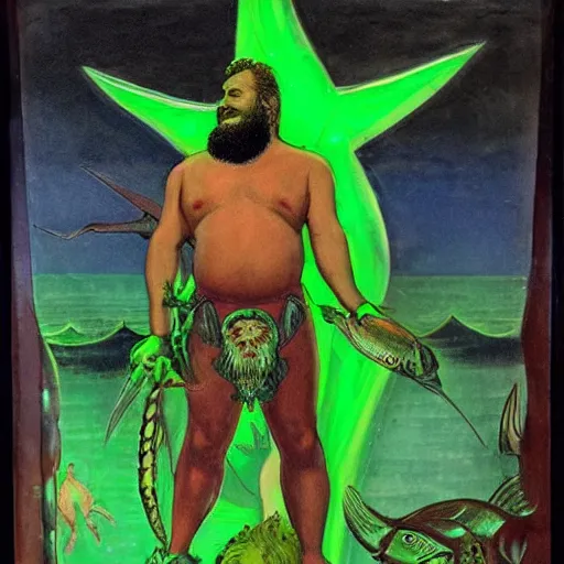 Image similar to by bill medcalf, by milo manara decorative neon green. a performance art of a mythological scene. large, bearded man seated on a throne, surrounded by sea creatures. he has a trident in one hand & a shield in the other. behind him is a large fish. in front of him are two smaller creatures.