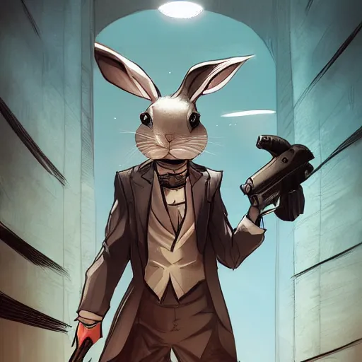 Image similar to rabbit hitman, comic strip style, dynamic lighting, fantasy concept art, trending on art station, stunning visuals, creative, cinematic, ultra detailed