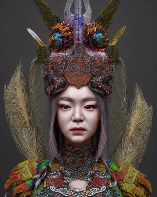 Image similar to 3 d warrior goddess medium shot portrait. beautiful hyperrealistic intricate highly detailed magpie helm, shattered armor, kintsugi, quetzalcoatl, korean hanbok, bioluminescent, plasma, lava, ice, feather, in the style of chiara bautista, octane 3 d render