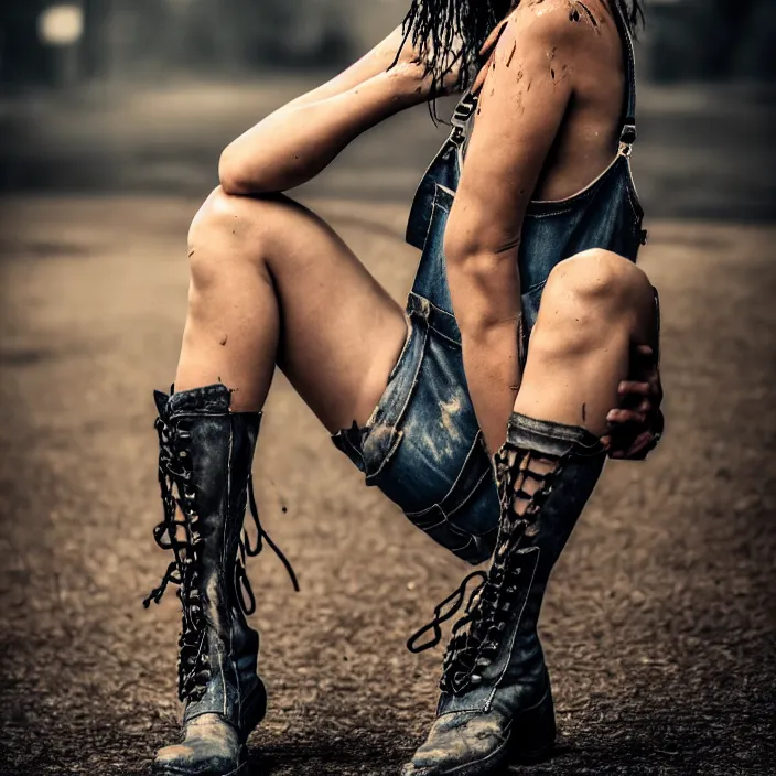 Prompt: fully body pose, photo of a very beautiful!! skull woman, torn overalls, short shorts, fishnets, combat boots, wet t shirt, 8 k, hdr, smooth, sharp focus, high resolution, award - winning photo, trending on artstation, dslr, 5 0 mm