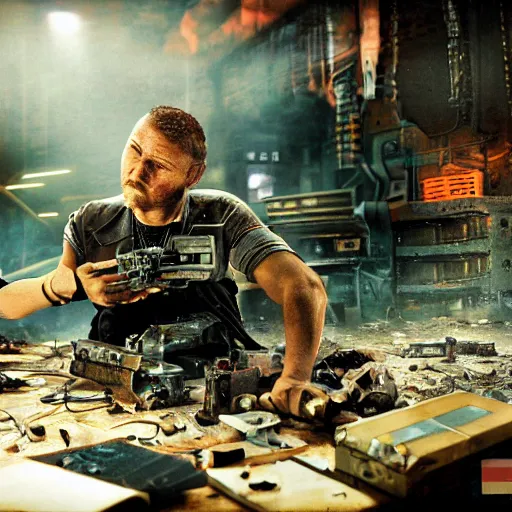 Image similar to augmented human repairing commodore 6 4, dark messy smoke - filled cluttered workshop, dark, dramatic lighting, orange tint, cinematic, highly detailed, sci - fi, futuristic, movie still from blade runner