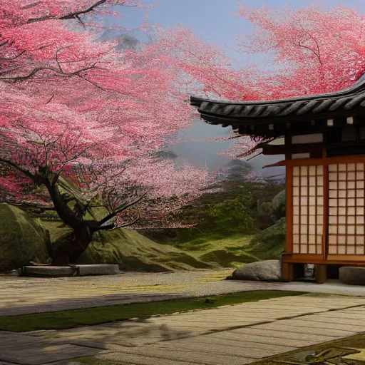 Image similar to hyperrealistic painting of a highly detailed photorealistical samurai, in the background traditional Japanese hut, cherry blossom trees outside, Feng Shui Style, cinematic concept art, art station, award winning art, 8k, octane render, unreal engine 5