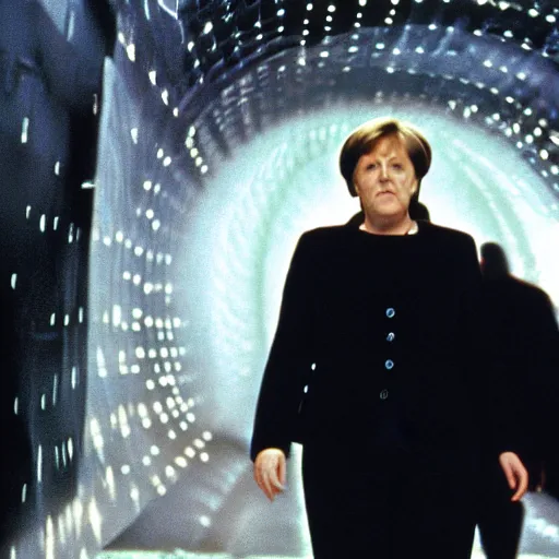 Image similar to angela merkel is neo, movie Matrix, 1999, cinema, 4k