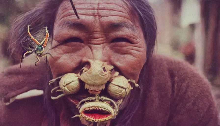 Image similar to 7 0 s movie still of a tibetan man with a giant spider in the mouth, cinestill 8 0 0 t 3 5 mm eastmancolor, heavy grain, high quality, high detail