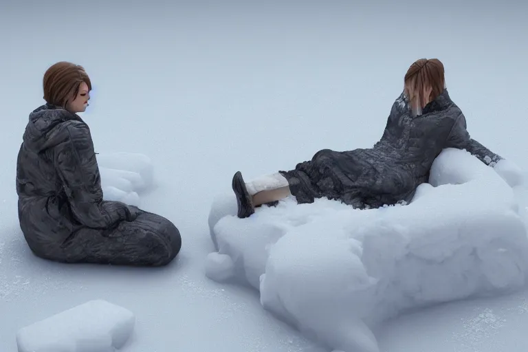 Prompt: a beautiful woman made out of snow and ice sitting by a campfire and slowly melting, by iris van herpen, unreal engine 5