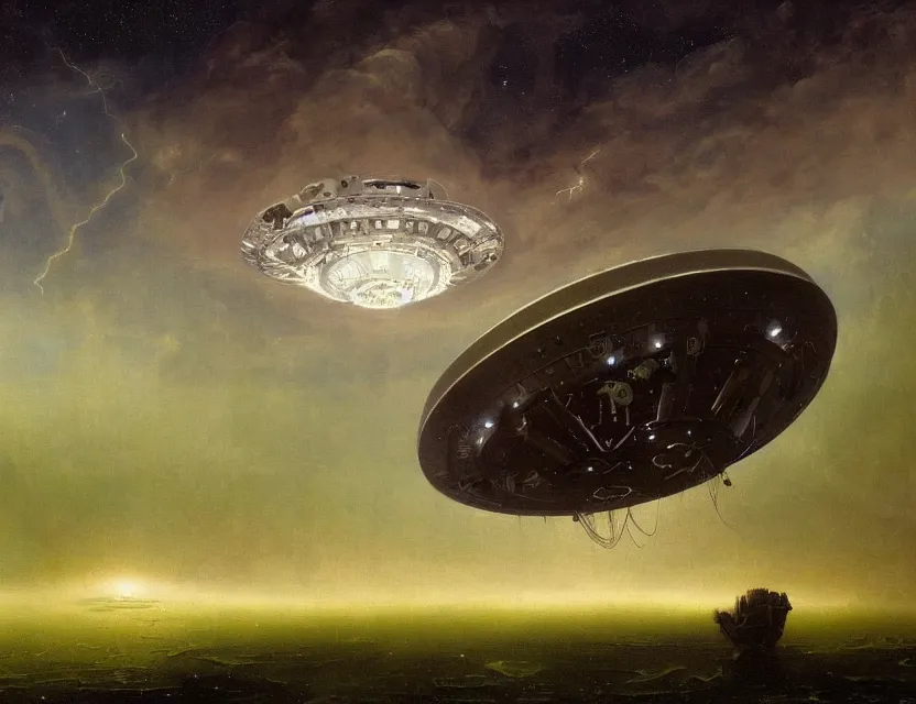 Image similar to a detailed painting of a a ufo mothership. cinematic sci - fi scene portrait and science fiction theme with lightning, aurora lighting. clouds and stars. smoke. futurism. fantasy. by beksinski carl spitzweg and tuomas korpi. baroque elements. baroque element. intricate artwork by caravaggio. oil painting. dramatic. artstation. 8 k