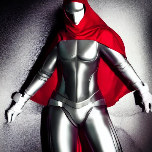 Image similar to portrait of a athletic female soldier in glossy sleek white armor with tiny red details and a long red cape, heroic posture, on the surface of mars, night time, dramatic lighting, cinematic, sci-fi, hyperrealistic