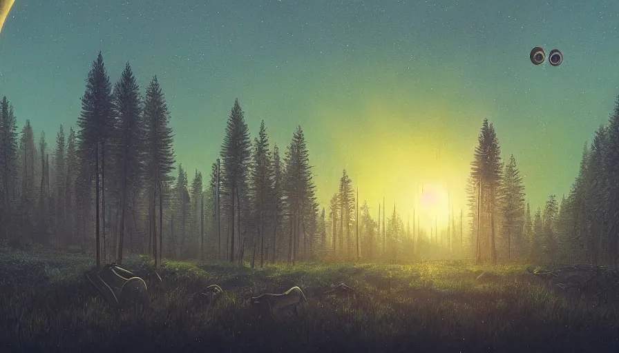 Image similar to space communication dish, sun in the sky, early morning, forest in the background, simon stalenhag