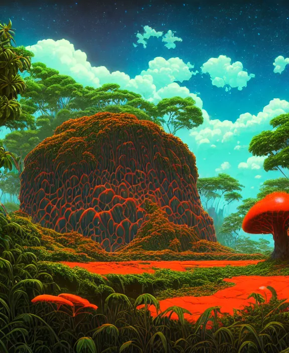 Image similar to simplicity, an simple schoolhouse made out of exotic fungus, overgrown with lush floral jungle, milky way, hellscape, hell, fire, brimstone, lava, by dan mumford, yusuke murata, makoto shinkai, ross tran, cinematic, unreal engine, cel shaded, featured on artstation, pixiv