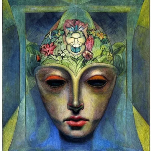 Prompt: the android in her flower mask, by Annie Swynnerton and Diego Rivera, symbolist, dramatic lighting, elaborate geometric ornament, Art Brut ,god rays, soft cool colors,smooth, sharp focus, extremely detailed, Adolf Wölfli