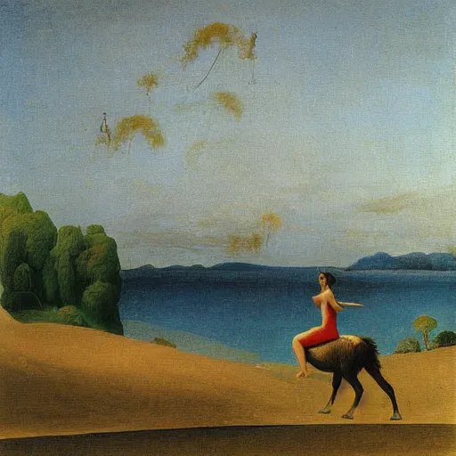 Prompt: woman swimming with donkey painting by Rousseau