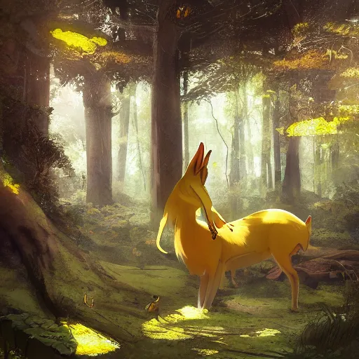 Image similar to concept art painting of an anthropomorphic doe wearing yellow robes, in the deep forest, realistic, detailed, cel shaded, in the style of makoto shinkai and greg rutkowski and james gurney