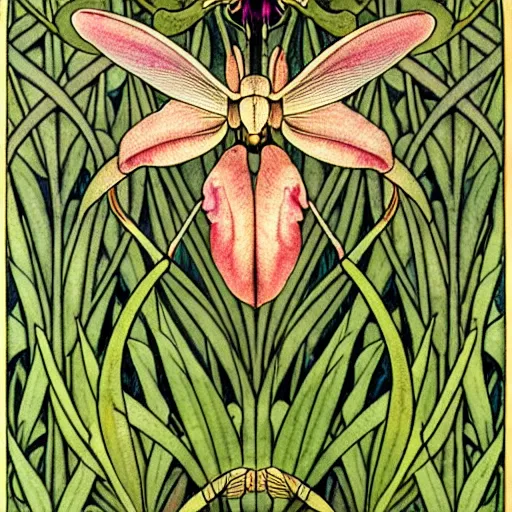 Image similar to potrait of an orchid mantis by William Morris, horizontal symmetry, exquisite fine details, Art Nouveau botanicals, deep rich moody colors