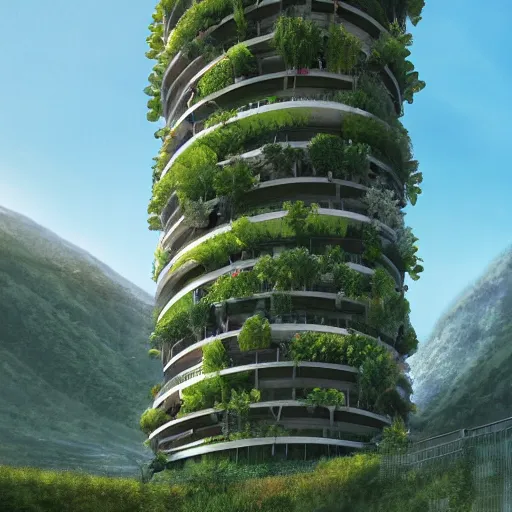 Image similar to vertical farm towers and sci - fi round buildings in a steep sided valley with trees, a sense of hope and optimism, hyper realistic, high res, 4 k, warm light, edouard groult, bynde, kirill leonov, isaac zuren