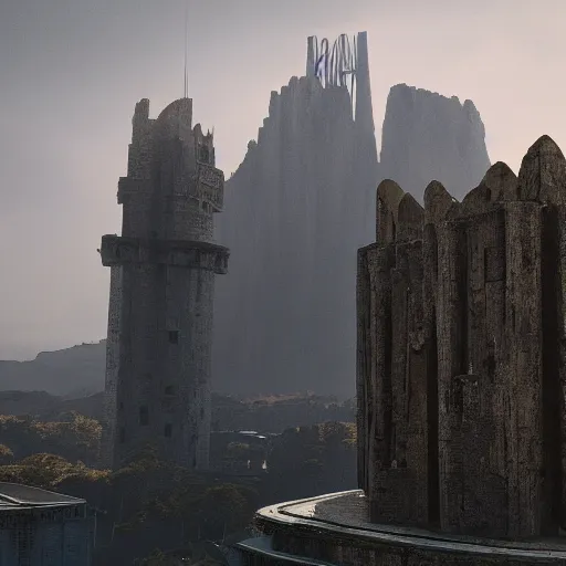 Image similar to a gigantic brutalist ancient tower, a detailed structure with at the top 3 spires in form of a trident, 6 0 0 hundred meters tall set against sunlit, all surrounded by smoke, mountains and a huge old city, 8 k, art station, ultra realistic, cinematic composition, style of weta, in the style of ilm