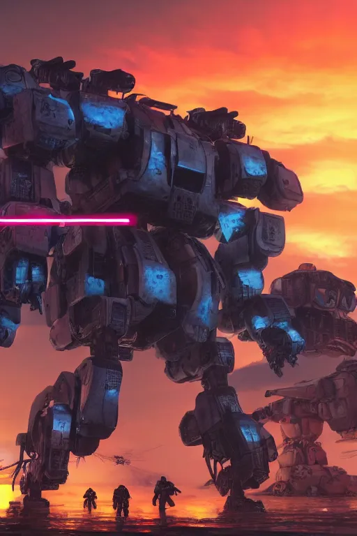 Image similar to A real photo of a Mechwarrior in battle stance, a sunset in the distance, by Josan Gonzalez, Yoji Shinkawa and Geof Darrow, highly detailed, Unreal Engine Render, lots of neon lights on the robot, 3D, 8k wallpaper, uplight