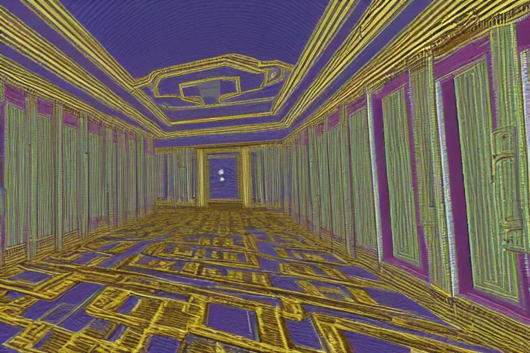 Prompt: hall of mirrors, art deco, ps 1 graphics