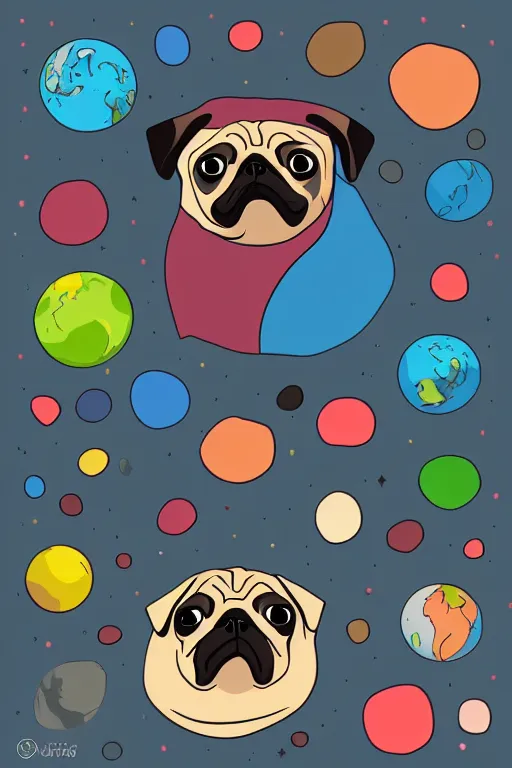 Image similar to Pug as a planet, sticker, colorful, illustration, highly detailed, simple, smooth and clean vector curves, no jagged lines, vector art, smooth