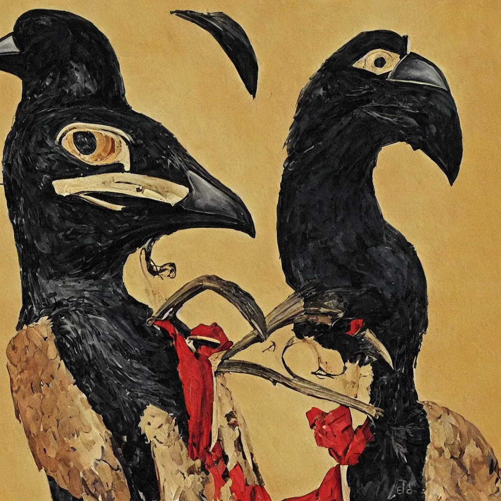 Prompt: a painting of a homemade mask that looks like a raven, by ed brinkley and norman rockwell, detailed