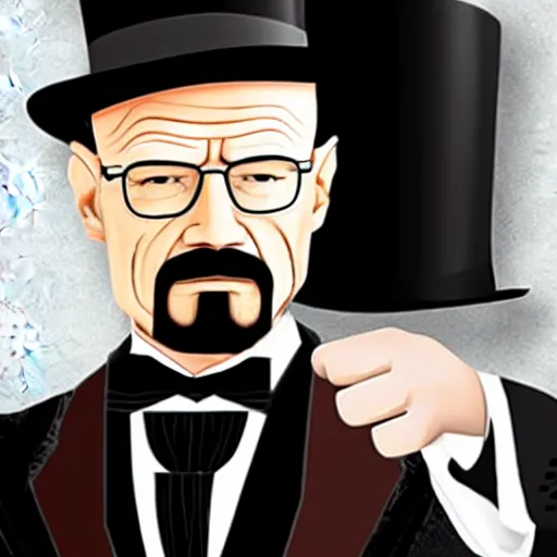 Prompt: Walter White wearing a tuxedo and top hat