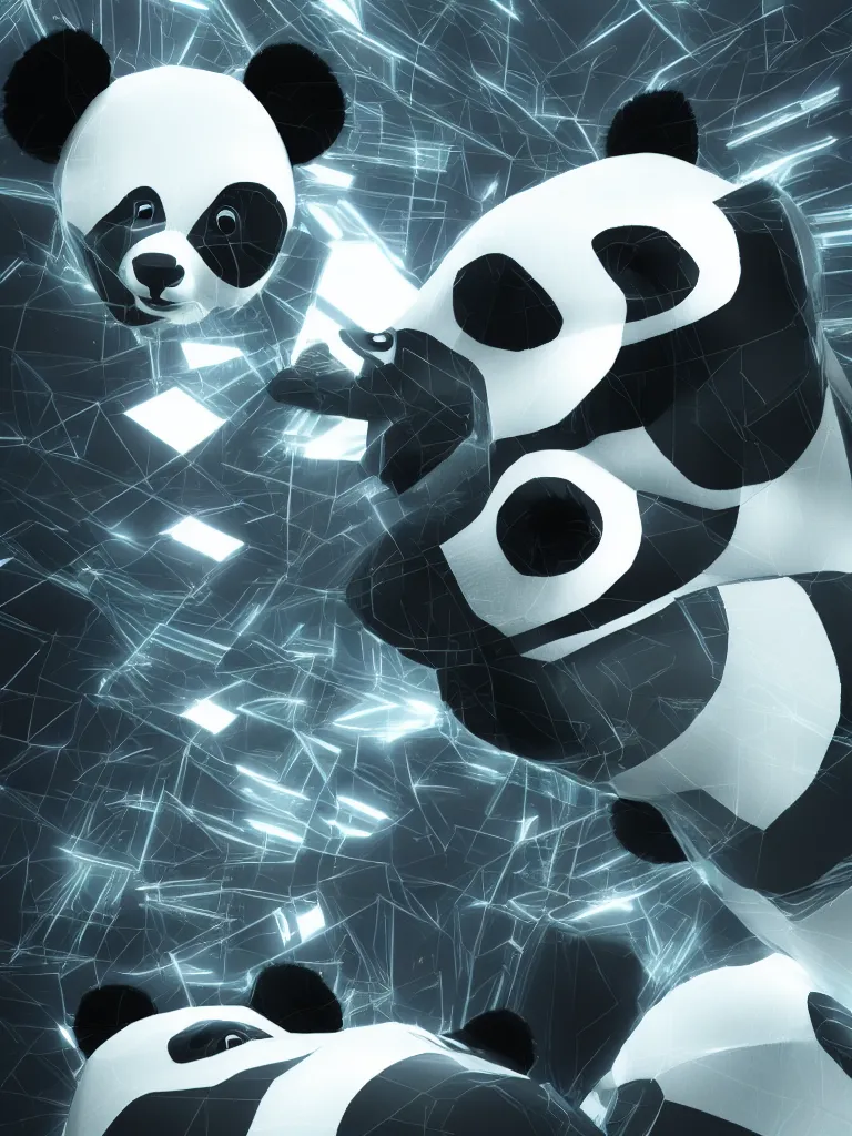 Image similar to geometric recursive panda forming a big cyberpunk panda head, octane render, neon, 3D