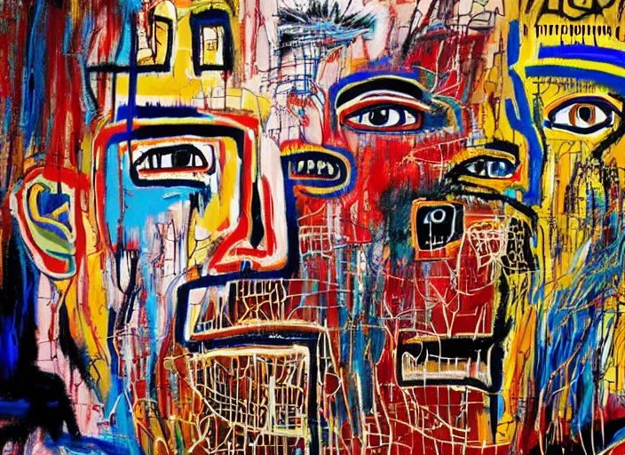 Image similar to jean-michel basquiat, david choe and alex gray painting, intricately highly detailed art piece