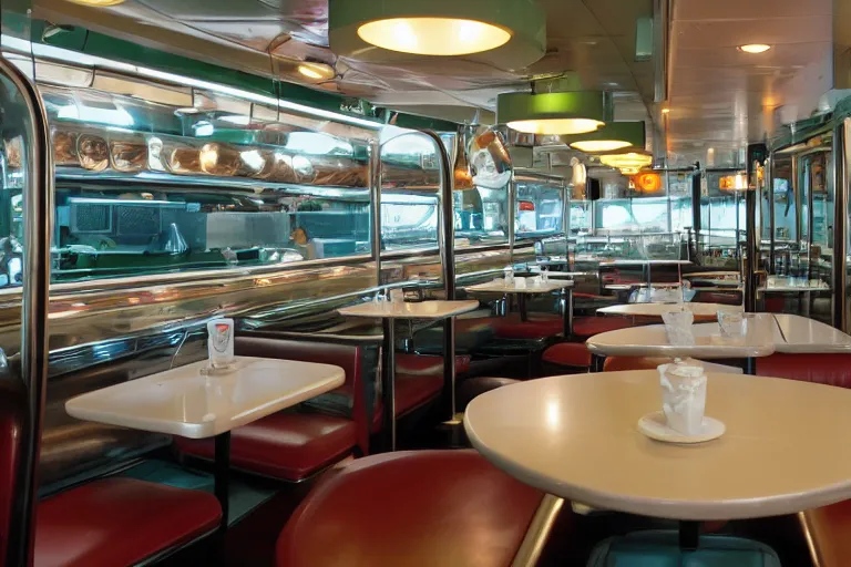 Image similar to 2001 y2k diner, extending forever into the infinite horizon 85mm f/11 interior photography two point perspective