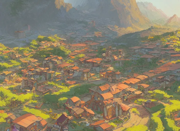 Prompt: concept art painting of a small village in a valley seen from above, european japanese buildings, early morning, cel shaded, by makoto shinkai and moebius and anton fadeev and james gurney