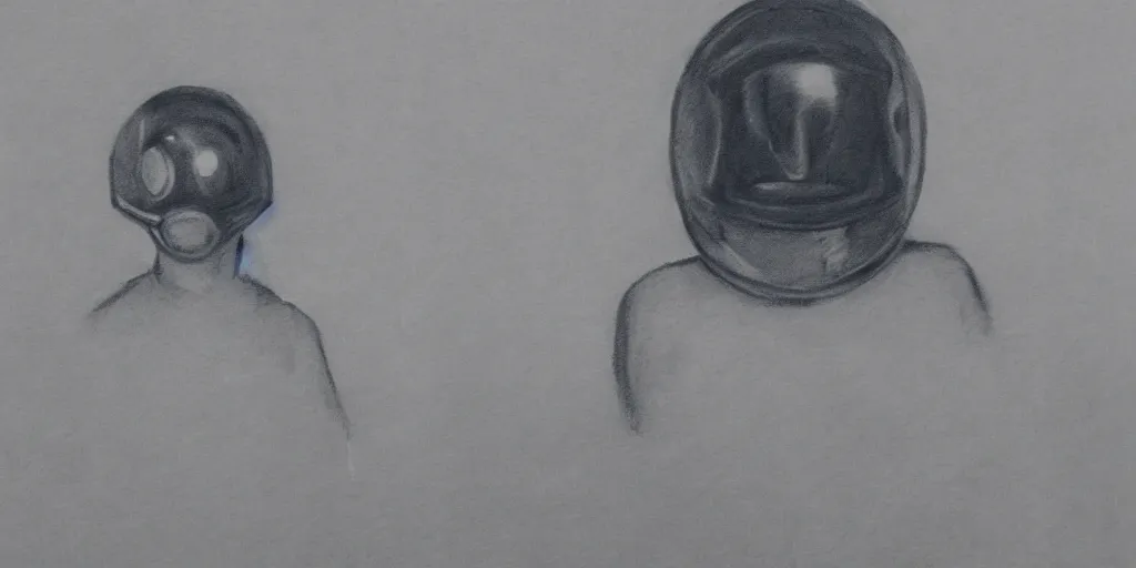 Prompt: charcoal portrait of a woman wearing a space helmet, scifi, big clouds visible in the background, stars in the sky, high contrast, deep black tones, charcoal smears