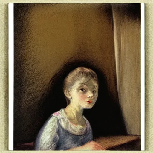 Image similar to a girl in a room, old polaroid by goya, by el greco, my munch, elegant drawing, digital painting, jugendstil, strong lights, flat colors, pastel colors,