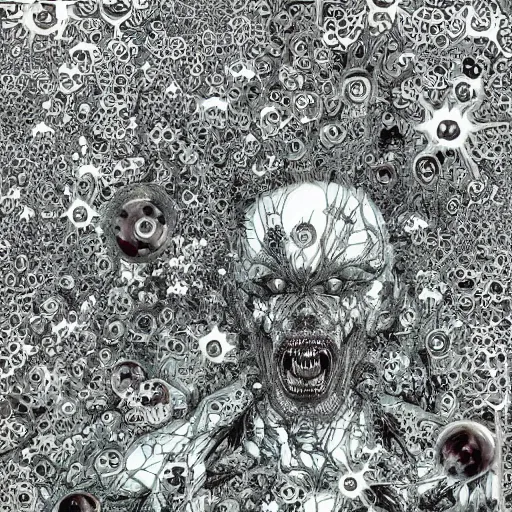 Image similar to shintaro kago yoji shinkawa and victo ngai godmachine psychedelic deepdream gravely heavenly cellular human body apophasis glorious energy of the sun cybernetic organism of pure energy and light synthetic emotional symposium of death psychedelic psychological conundrums intricate detailed hyperrealism photo - realistic demon hyperdetailed intricate hyperrealism beautiful forest