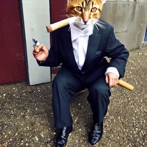 Image similar to cat wearing a suit smoking a cigar