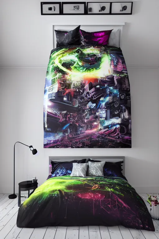 Image similar to photo of bedlinen in a modern bedroom, band merchandise, bandname is tripmachine, tourname is invasion of the tripmachines, realistic digital art, textured with a 3 d render of a huge futuristic steampunk generator, 8 k, fluorescent colors, halluzinogenic, multicolored, exaggerated detailed, unreal engine