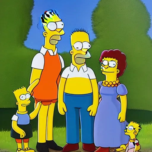 Image similar to oil on canvas painting of a family portrait of the simpsons in the style of gustave courbet, 2 d, ue 5, 8 k, 4 k