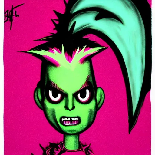 Image similar to a pink punk rock rapper alien with black spiked hair, an airbrush painting by Jamie Hewlett, cgsociety, symbolism, antichrist, aesthetic, 8k