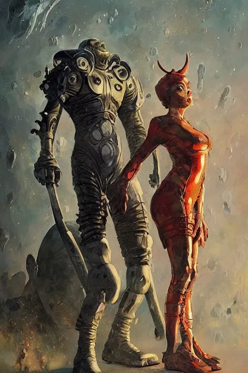 Image similar to full body portrait of gigantic viking demon standing beside elegant space woman in latex spacesuit, by norman rockwell, jack kirby, jon berkey, earle bergey, craig mullins, ruan jia, jeremy mann, tom lovell, marvel, astounding stories, 5 0 s pulp illustration, scifi, fantasy, artstation creature concept