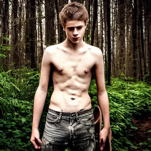 Prompt: a teenage boy, around 1 9 yo. looking sad. shirtless, pale skin. muddy face carrying a wooden bucket. ominous and eerie looking forest i'm background.