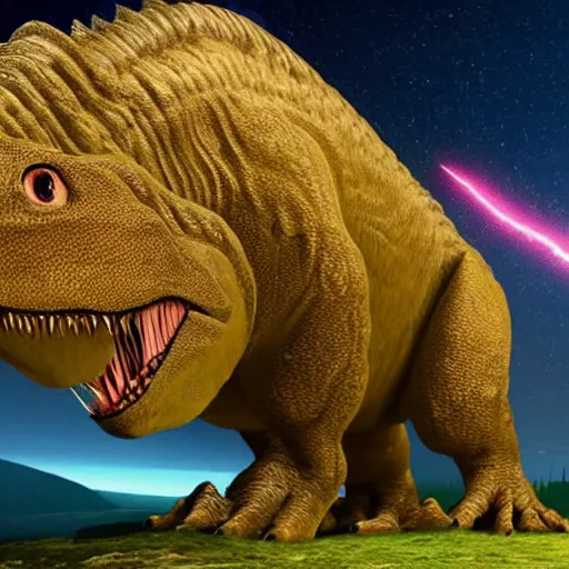 Prompt: A T-Rex looking at the meteor right before it hits the Earth.