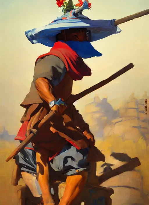 Image similar to greg manchess side portrait of a filipino fighter wearing a jester hat sitting on a tank holding a staff, organic painting, sunny day, matte painting, bold shapes, hard edges, street art, trending on artstation, by huang guangjian, gil elvgren, ruan jia, randy vargas, greg rutkowski