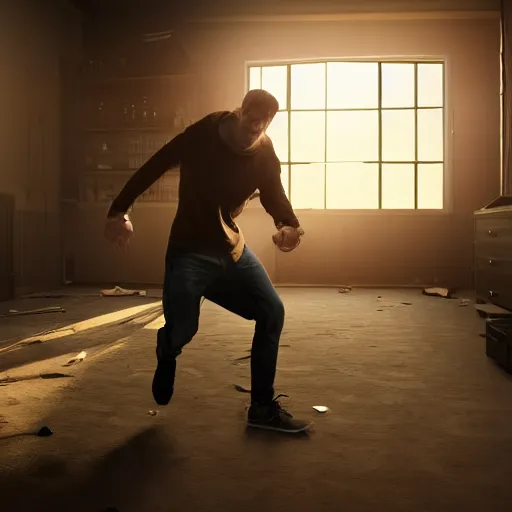 Image similar to incredible cinematic image of young angry man trying to fight his own shadow, studio shot, dynamic lighting, high definition, highly detailed, photo-realistic, unreal engine render, 16k