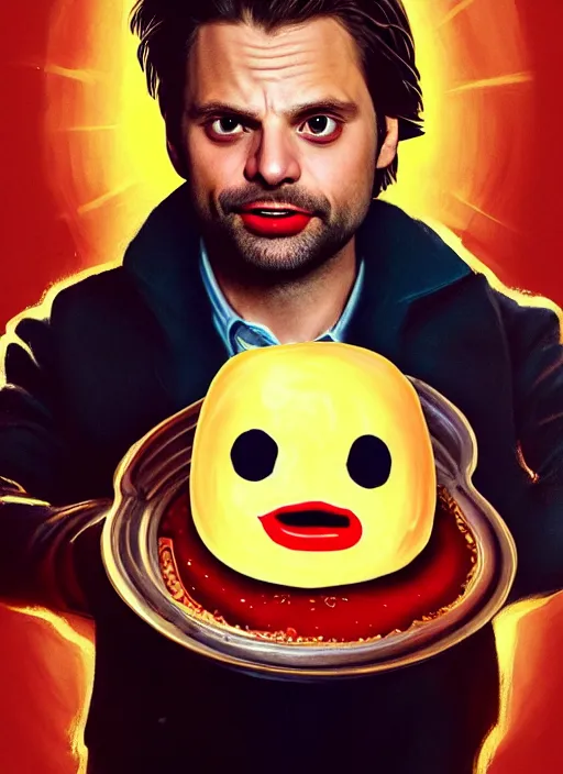 Image similar to highly detailed comedy caper movie poster with flan pudding faced sebastian stan as a sentient flan pudding, sebastian stan face made from flan pudding by greg rutkowski, masterpiece, 1 0 / 1 0