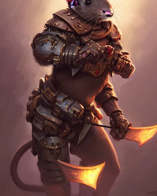 Image similar to cute pet rat short muscular warrior cyberpunk theme medieval, deep focus, d & d, fantasy, intricate, elegant, highly detailed, digital painting, artstation, concept art, matte, sharp focus, illustration, hearthstone, art by artgerm and greg rutkowski and alphonse mucha