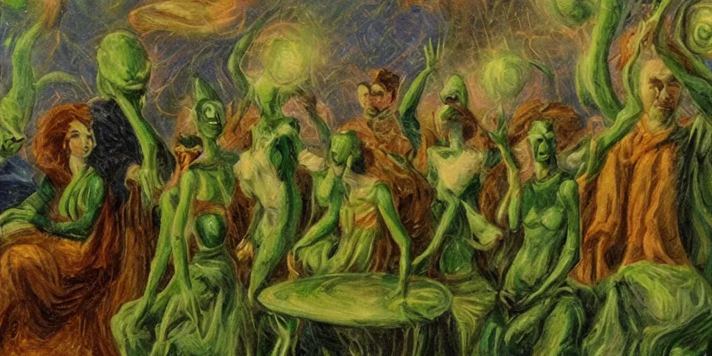 Image similar to tall terrifying green futuristic aliens sitting in a circle. in the victorian era. in the style of an impressionist painting.