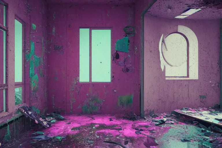 Image similar to abandoned 9 0 s apartment interior with circular organic windows, rain like a dream, oil painting, cinematic, surreal, overgrown, dramatic, soft volumetric lighting, cyberpunk, basquiat + moebius + francis bacon + gustav klimt + beeple, elevated street art, fantasy lut, textural, pink, blue, purple, green,