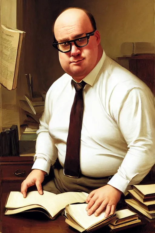 Prompt: portrait of an short, slightly overweight, balding, older man in a vest and white shirt sitting behind a big desk, he is wearing glasses, there are a lot of books laying around, style of greg rutkowski