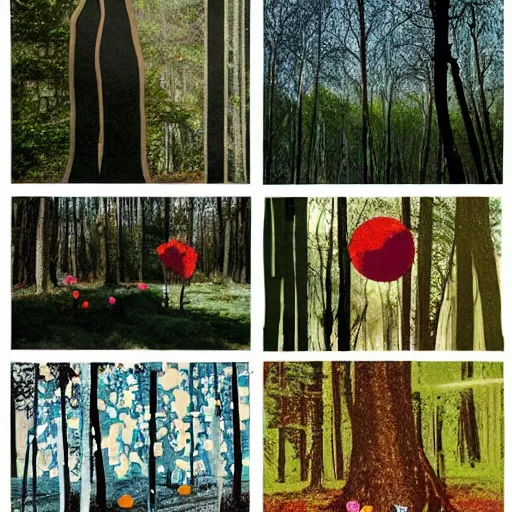 Prompt: a beautiful aesthetic!!! pop art collage! rolling arcadia forest landscape, made in a magazine clipping collage style, cutout, clippings of a fashion magazine, made by a depressed art student