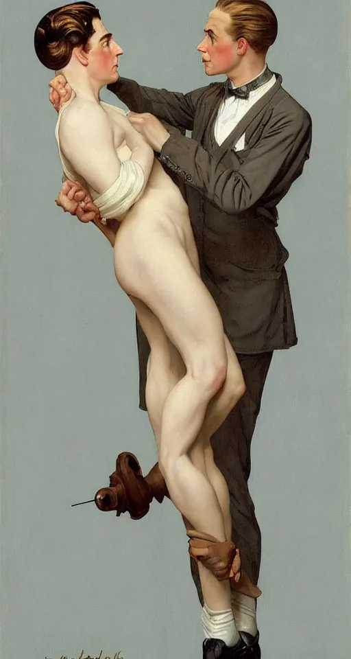 Image similar to Painting of lucius as a German tailor, long blond drill curls, delicate androgynous prince, pale milky white porcelain skin, by Leyendecker and Norman Rockwell