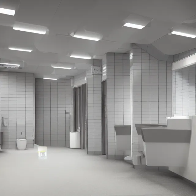 Prompt: a public restroom extending backwards infinitely, bright lighting, octane render, photorealistic, ultrawide shot