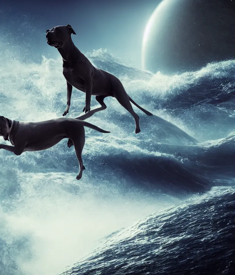 Image similar to photo of a dark gray coat pit bull with a white paws and a white nose!, surfing on a surfboard in a crashing wave of alien galaxy, trending on art station, ocean in space, background is an alien galaxy, aliens in the background, alien colors, octane render, unreal engine, wide view, 8 k, highly detailed