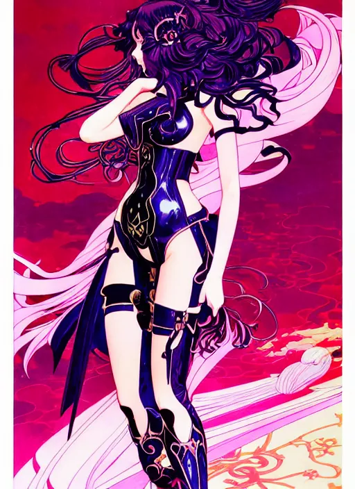 Image similar to art nouveau fate manga poster of princess, long curl hair, armor, ruffles,, fluorescent, illustration, artstation, dark fantastic, highly detailed, 8 k, maximalist, by katsuhiro otomo, shigenori soejima, minaba hideo, jump comics